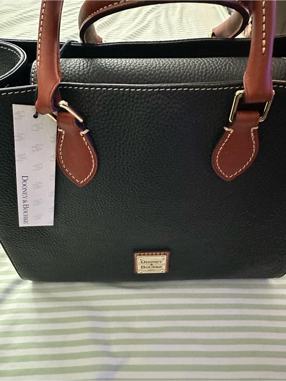 Dooney & Bourke Black Pebble Leather Satchel with Brown Handles